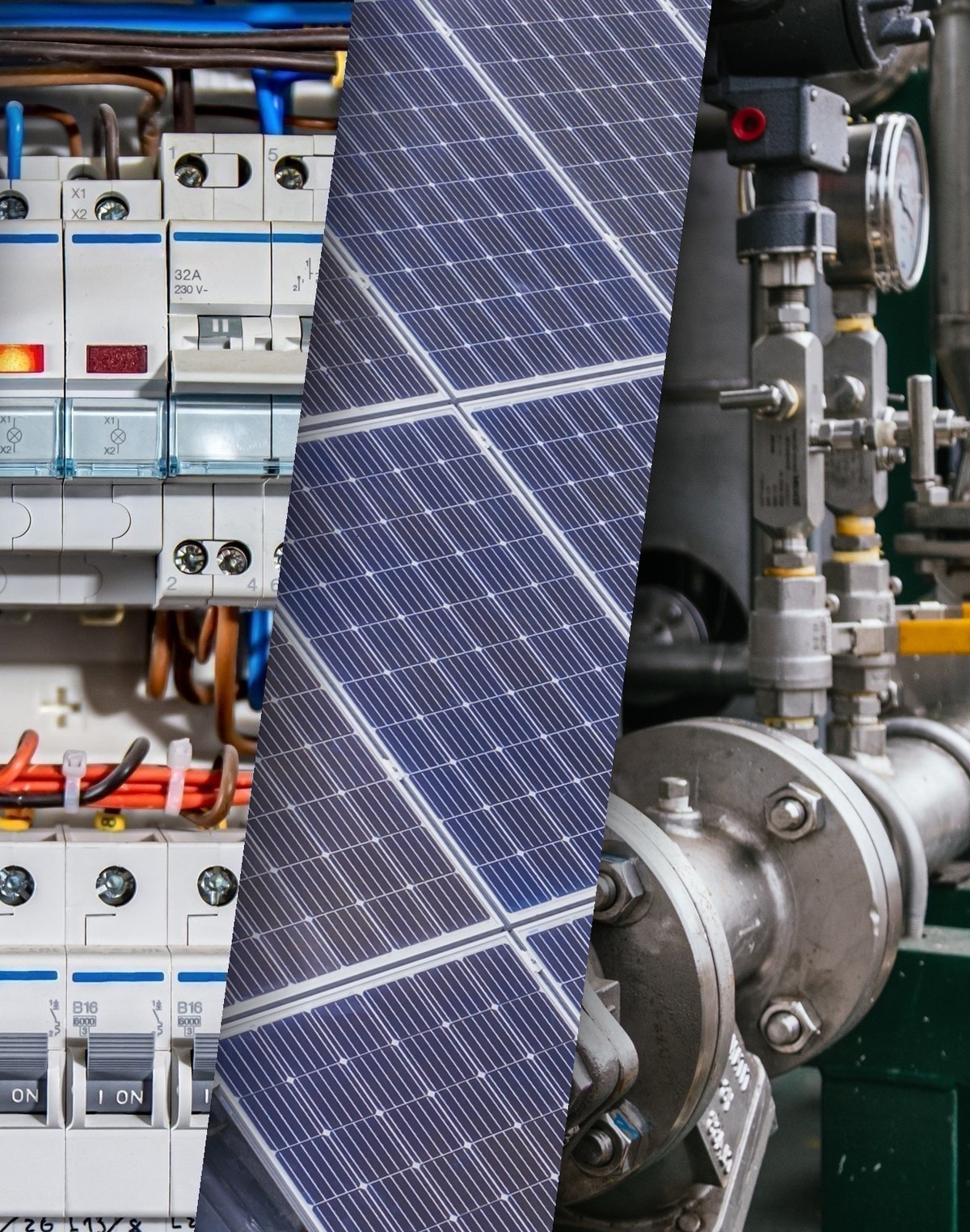 Fotokoláž: elektrický rozvaděč, fotovoltaické panely na střeše rodinného domu a průmyslová technologie Raška engineering