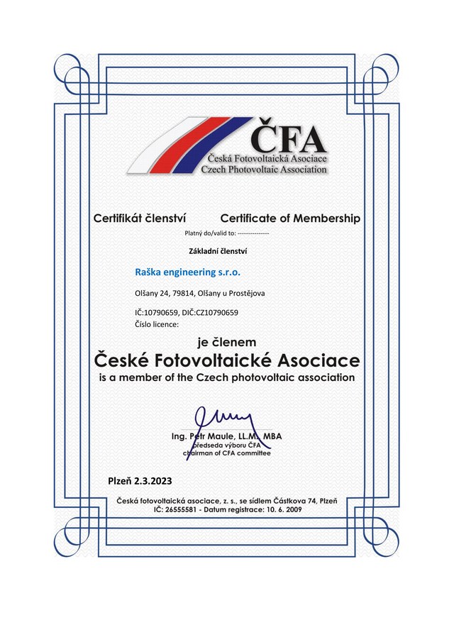 Certifikát členství České fotovoltaické asociace pro Raška engineering s.r.o.
