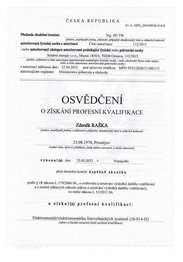 Osvědčení o získání profesní kvalifikace Elektromontér fotovoltaických systémů, Zdeněk Raška