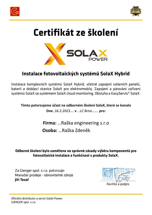 Certifikát ze školení SolaX Power pro Raška engineering s.r.o.
